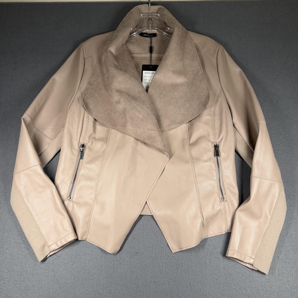 Escalier Jacket Womens Large Beige Faux Leather Draped Collar Moto Open Front
